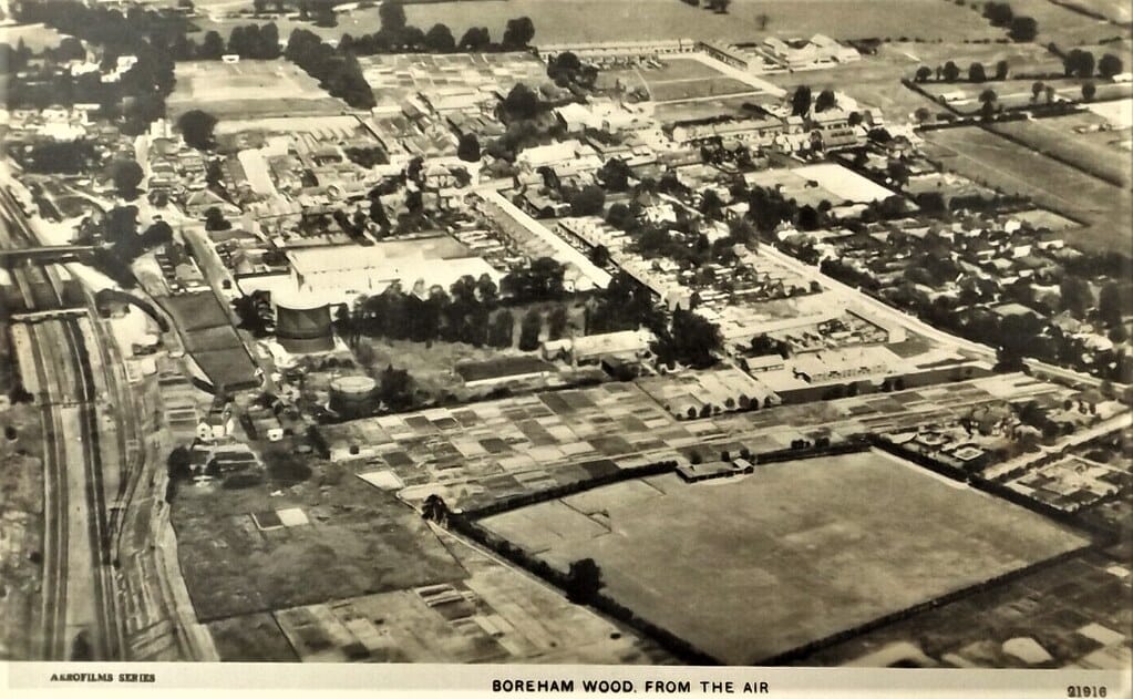 BOREHAMWOOD FROM THE AIR REAL PHOTO POSTCARD AEROFILMS c.1920'S HERTFORDSHIRE