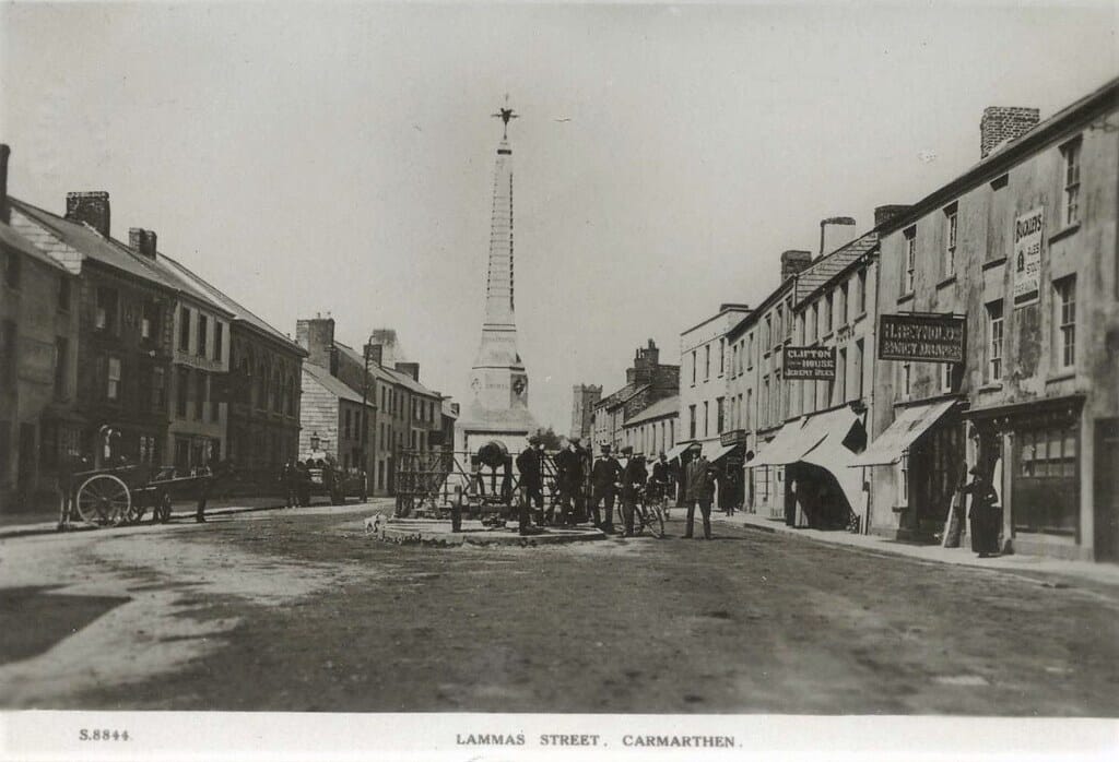 CARMARTHEN Lammas Street Crimean War Monument shops houses people RP 1920 wales