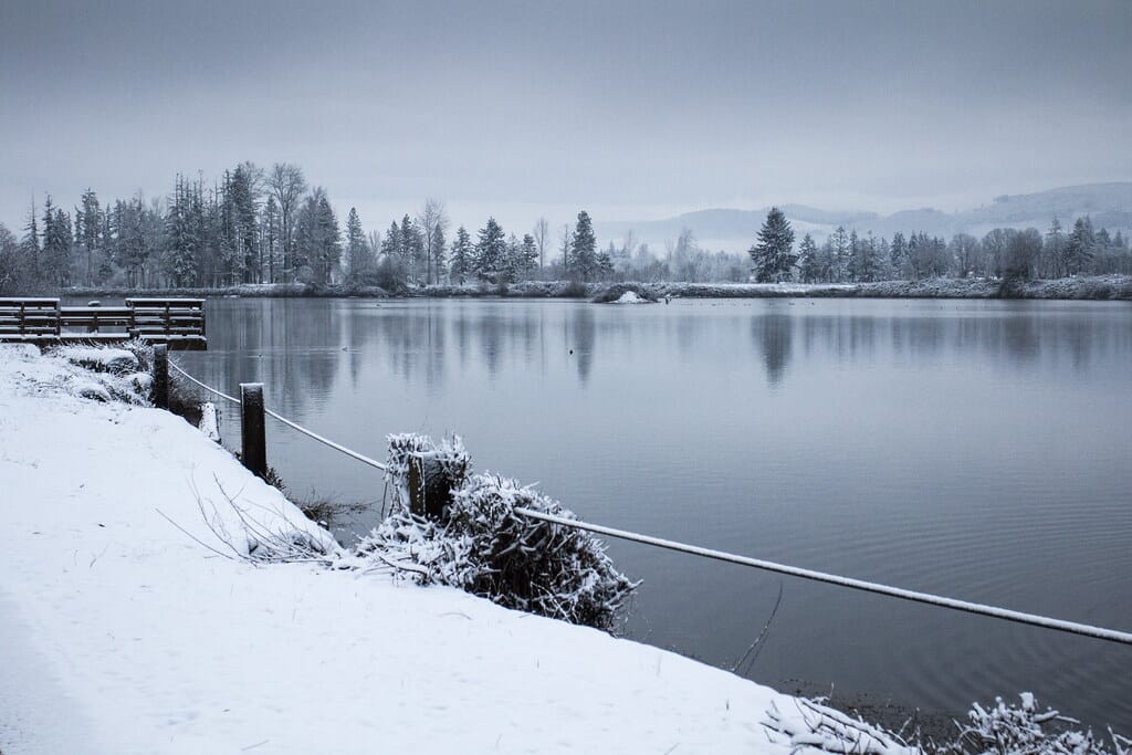 Cheadle Lake in snow, Lebanon, Oregon
