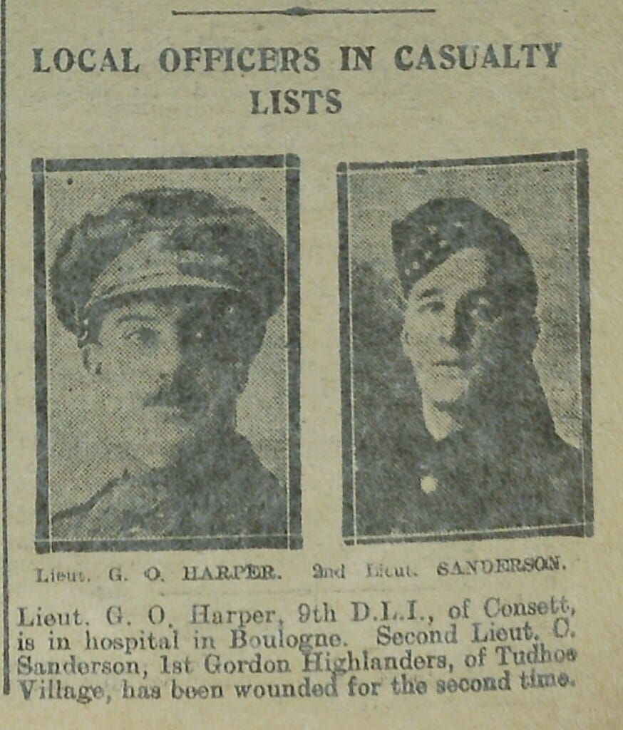 G.O Harper - 9th D.L.I. - Consett (In hospital), C. Sanderson - 1st gordon Highlanders - Tudhoe Village (wounded a second time)
