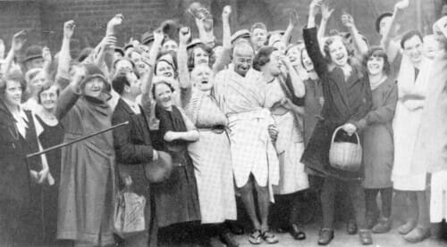 Gandhi with textile workers at Darwen, Lancashire, September, 1931