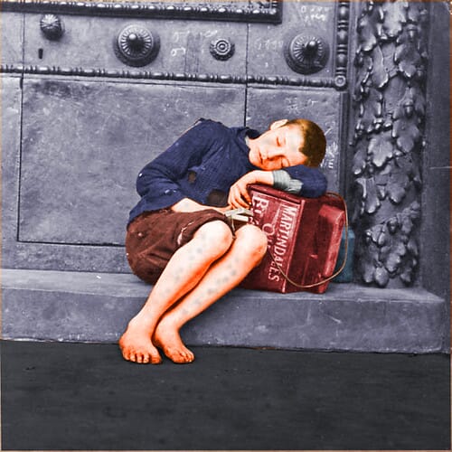 Barefoot shoeshine boy. Liverpool, England. c.1910