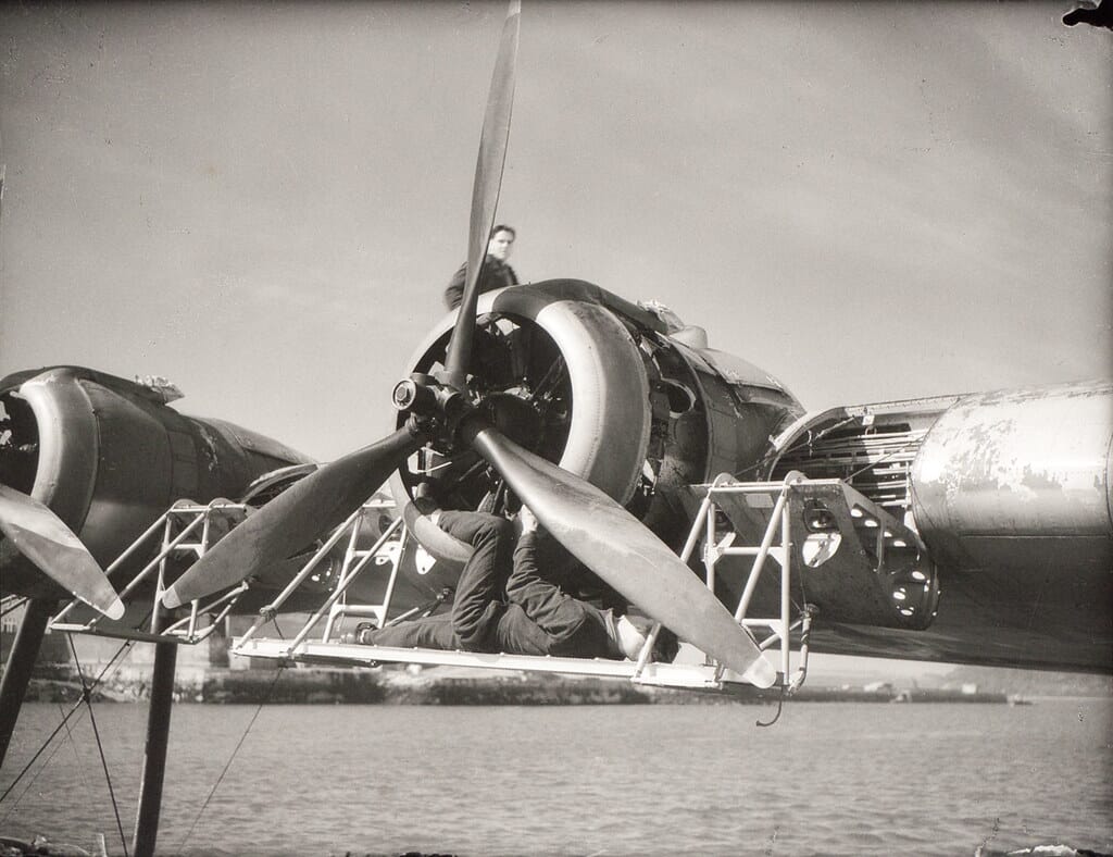Servicing an engine on a Short Sunderland flying boat