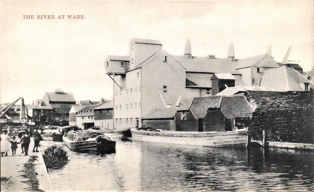 Ware. The River at Ware # 721 by Charles Martin. Canal Barge. HERTFORDSHIRE 1908