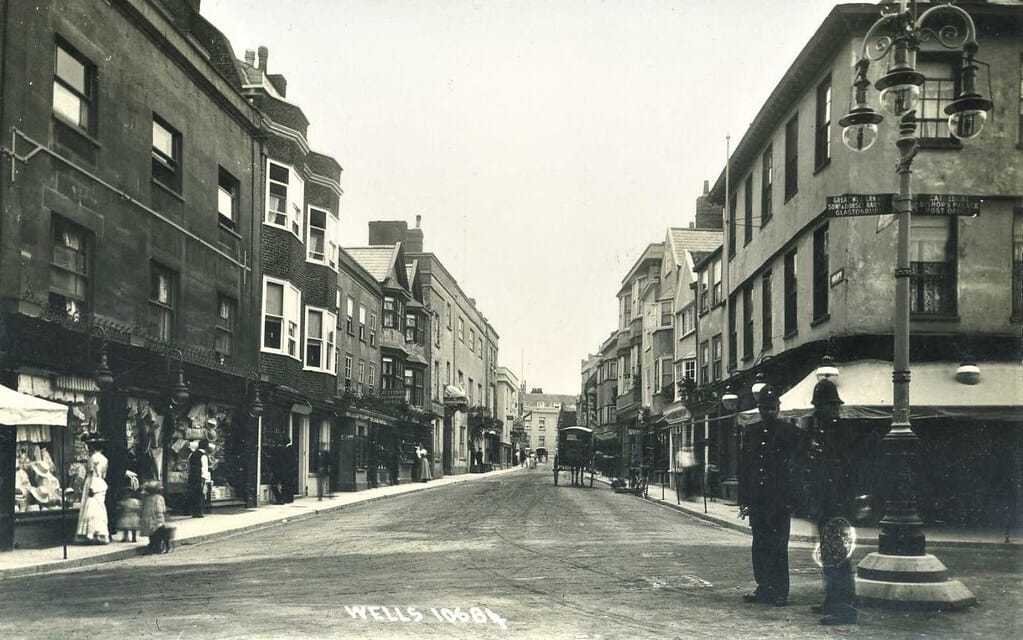 WELLS Somerset From Market Place Junction looking up Sadler Street 1912 Police RP